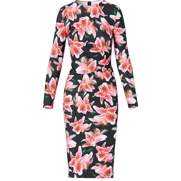 Jonathan Cohen Women’s Black Pink Floral Hibiscus Bodycon Long Sleeve Midi Dress - Picture 4 of 11